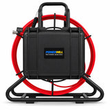 Powerwill PW9D8-V1 sewer camera upright rear view with closed monitor case and red push cable