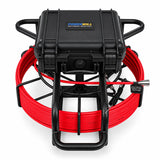 Powerwill PW9D8-V1 sewer camera front view with monitor case closed above red cable reel