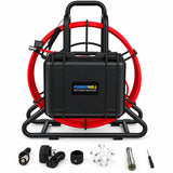 Powerwill PW9D8-V1 sewer camera upright rear view with charger, probe, connection cable and camera guides