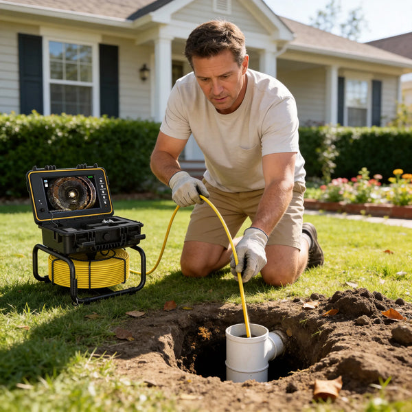 Powerwill sewer camera used for residential home plumbing and drain inspection in backyard sewer systems.