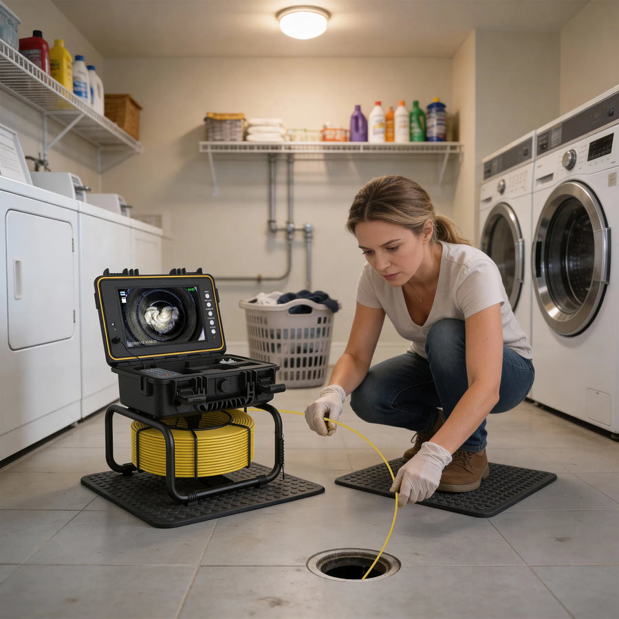 Powerwill sewer camera used for indoor home plumbing and laundry drain inspection in residential settings.