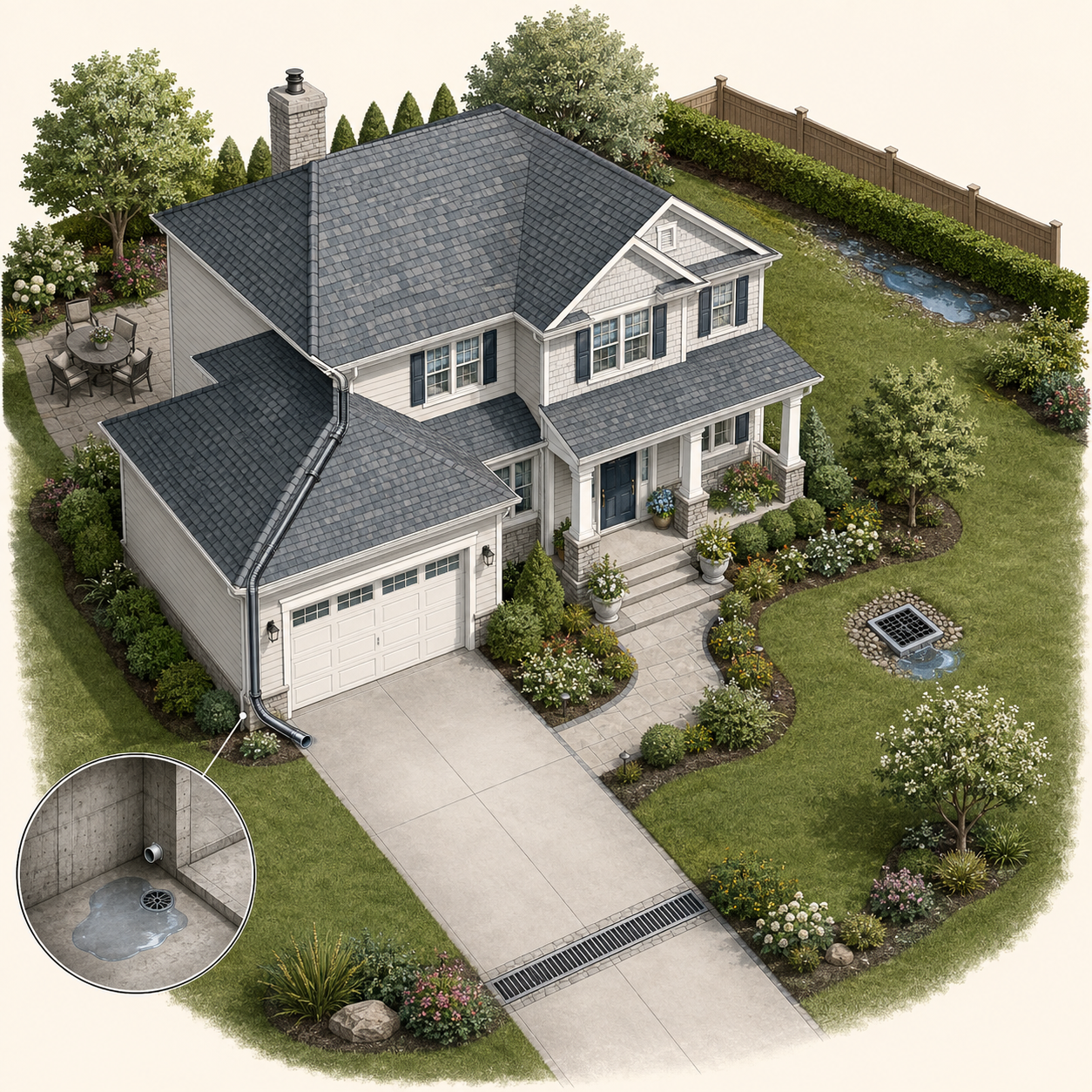 Detailed aerial illustration of a home: basement cutaway at lower left, front downspout, garden catch basin, driveway channel drain and runoff beside the boundary fence.
